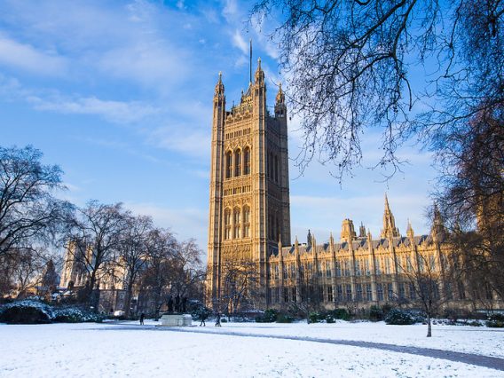 Exterior of the House of Lords and snow on the ground