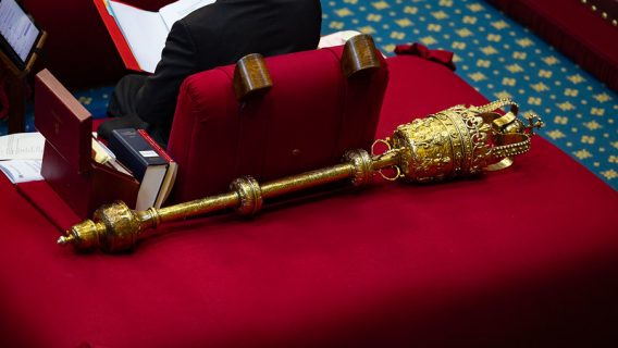 The Lord Speaker's Mace is lying on the Woolsack.