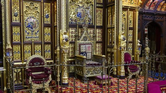 Image shows the sovereign's throne in the House of Lords chamber