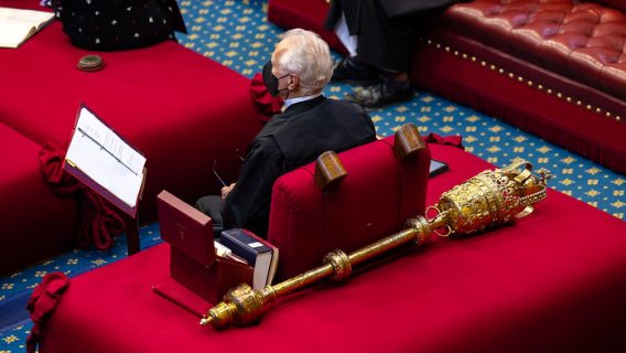 Image shows the mace behind the speaker's chair in the House of Lords.